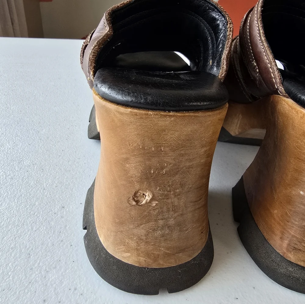 London Underground Platform Sandals‎ Wood Leather Slip On Retro Chunky 90s Bratz